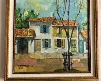 Lot 6063. $115.00. Original Oil Painting of a villa with a brown tiled roof, Signed Crotteau 1967. 19"x19". Lovely.