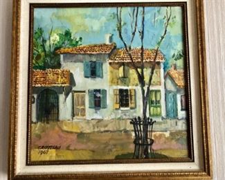 Lot 6063. $115.00. Original Oil Painting of a villa with a brown tiled roof, Signed Crotteau 1967. 19"x19". Lovely.