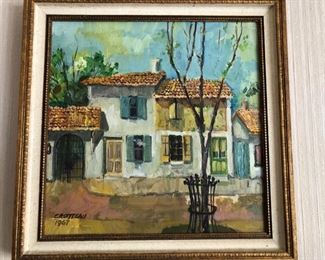 Lot 6063. $115.00. Original Oil Painting of a villa with a brown tiled roof, Signed Crotteau 1967. 19"x19". Lovely.