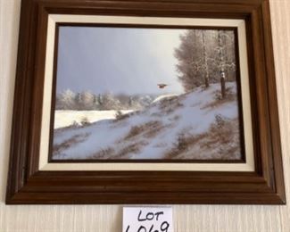 Lot 6069. $200.00. Bruce A. Hume (1933-2002) Original Oil Painting of a Pheasant in Flight, in Pittsboro, Indiana, 18.5" x 22.5. Prize-winning artist, Bruce displayed his art at art fairs and exhibitions in Indiana and Central Illinois