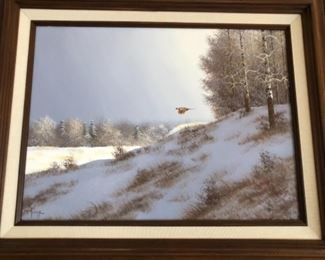 Lot 6069. $200.00. Bruce A. Hume (1933-2002) Original Oil Painting of a Pheasant in Flight, in Pittsboro, Indiana, 18.5" x 22.5. Prize-winning artist, Bruce displayed his art at art fairs and exhibitions in Indiana and Central Illinois