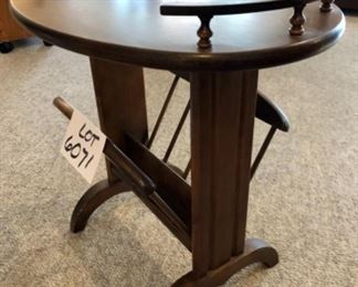 Lot 6071. $95.00 Clever Antique Magazine Rack Table w/Handles - Oval Top 22.5 x 15" x 22"tall in Very Good Condition.