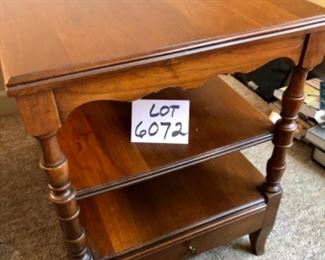 Lot 6072. $145.00. Vintage Pennsylvania House End Table with 2 Shelves and Lower Drawer, 18" w 28 deep