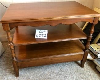 Lot 6072. $145.00. Vintage Pennsylvania House End Table with 2 Shelves and Lower Drawer, 18" w 28 deep
