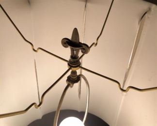 Lot 6073. $95.00. Mid Century Brass Table Lamp with Brass Chain Detail - Shade will need to be replaced. 43" tall 10" diameter base; Shade diam.15"