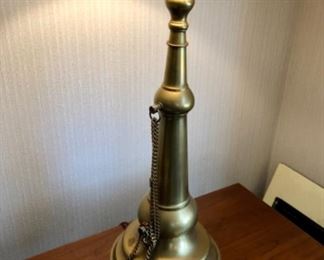 Lot 6073. $95.00. Mid Century Brass Table Lamp with Brass Chain Detail - Shade will need to be replaced. 43" tall 10" diameter base; Shade diam.15"