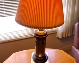 Lot 6075. $140.00. Vintage 1970'a Frederick Cooper Brass Rustic Wood French Perpetual Calendar Lamp; 7x7 Brass Base, 32" to top of finial