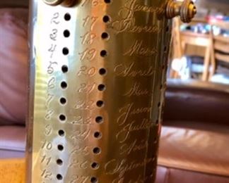 Lot 6075. $140.00. Vintage 1970'a Frederick Cooper Brass Rustic Wood French Perpetual Calendar Lamp; 7x7 Brass Base, 32" to top of finial. you change the month and date and voila! you have a perpetual calendar as well as light!