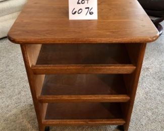 Lot 6076. $40.00. Oak Cart on Casters 19"x14.5" x23.5" tall with 3 shelves - handy to have a moveable cart like this that doesn't take up a ton of space.