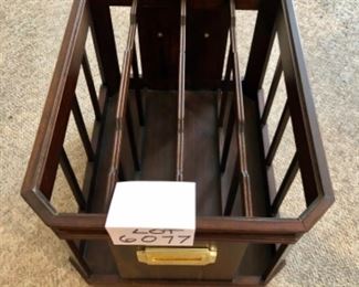 Lot 6077. $55.00 4 Section Magazine Rack with Moveable Convenience Tray, Brass Handle Detail. Measures 15"w x 19"deep x13" tall. Not branded. So handy, and the tray allows this to hold drinks, remotes, etc. while you pick your poison to read magazines, do your taxes, work from home, etc. Neat piece