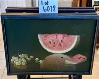 Lot 6078. $250.00. Set of 4 vintage tray tables from 1950's . Each tray has a different lacquered fruit design. Painted all black except the tray. By Artex Tables. c.
1950s MCM. Ok, gang - these are about the coolest TV tables we've ever seen - besides being works of art, they are clever anytime you need an extra table - use for puzzles, eating away from your table, helping organize your work from home mess, and more. Form & function, my mantra these days!