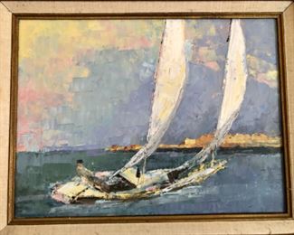 Lot 6079. $150.00. Putty/Painting Knife-Applied Acrylic on Canvas - No Signature "Sailing" image 15,5x12"tall - framed 24" x 20.5" , At any rate, this painting will make you want to get to the sea soon!
