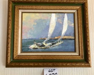 Lot 6079. $150.00. Putty/Painting Knife-Applied Acrylic on Canvas - No Signature."Sailing" image 15,5x12"tall - framed 24" x 20.5" , At any rate, this painting will make you want to get to the sea soon!