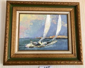 Lot 6079. $150.00. Putty/Painting Knife-Applied Acrylic on Canvas - No Signature "Sailing" image 15,5x12"tall - framed 24" x 20.5" , At any rate, this painting will make you want to get to the sea soon!
