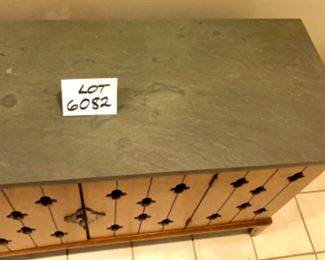 Lot 6082. $265.00 Media console Mid Century Bi-Fold doors with Keyhole Cut Outs. The top is a solid piece of slate that needs a good cleaning and sealing. 45"w x 15.5 deep x 25" high. This is a terrific credenza/console, with folding doors and a thousand uses, eclectic but with a definite Mid Century appeal.