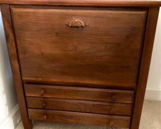 Lot 6083. $245.00 3-Drawer sheet music cabinet with compartment for recorder. Cabinet with drop door and slide out shelf on glides, 3 drawers w/knob 25.5" x17"deep x 26" tall