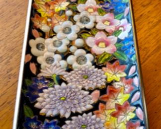 Lot 6086 $50.00. 4 pcs. 1960's era Reed & Barton Enameled over silver: 1) Footed Blue Oval Dish #143. 5" x 4". 2) Green Dish #194 7.5" diameter. 3) Somerset Pewter cup 3"d x 2..5" t, 4) 3x9 Enamelware Painted Tray - Pretty band of flowers on a pearl background