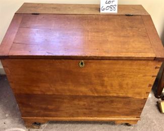 Lot 6088. $85.00. Large Antique Salt or Storage Box with hinged top that flips, dovetail detailing. One leg needs re-glueing and we have the piece 31" x 20"deep x 28.5" tall