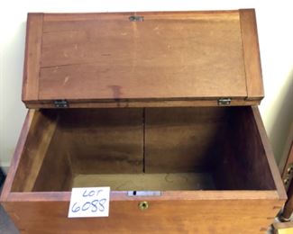 Lot 6088. $85.00. Large Antique Salt or Storage Box with hinged top that flips, dovetail detailing. One leg needs re-glueing and we have the piece 31" x 20"deep x 28.5" tall