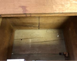 Lot 6088. $85.00. Large Antique Salt or Storage Box with hinged top that flips, dovetail detailing. One leg needs re-glueing and we have the piece 31" x 20"deep x 28.5" tall