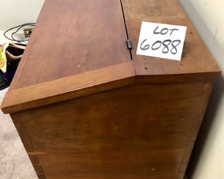 Lot 6088. $85.00. Large Antique Salt or Storage Box with hinged top that flips, dovetail detailing. One leg needs re-glueing and we have the piece 31" x 20"deep x 28.5" tall