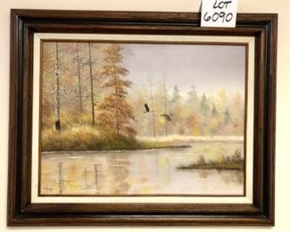Lot 6090. $200.00. Bruce Hume Original Oil of 2 Geese Flying over a Pond in Pittsboro, IN. 31"x25" framed; 24x18"image. This super nice nature painting would find a home in the ManCave of a Hunter or Nature Enthusiast.