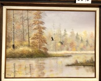 Lot 6090. $200.00. Bruce Hume Original Oil of 2 Geese Flying over a Pond in Pittsboro, IN. 31"x25" framed; 24x18"image. This super nice nature painting would find a home in the ManCave of a Hunter or Nature Enthusiast.