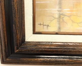 Lot 6090. $200.00. Bruce Hume Original Oil of 2 Geese Flying over a Pond in Pittsboro, IN. 31"x25" framed; 24x18"image. This super nice nature painting would find a home in the ManCave of a Hunter or Nature Enthusiast.