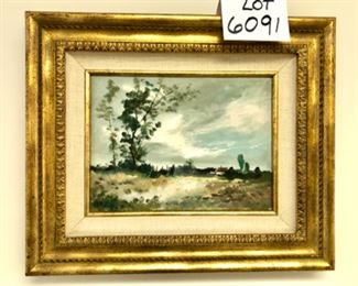 Lot 6091. $150.00. Martin Pribil (1927-1978). Original Oil on Canvas depicting a Man in a field, 19x16" framed; 12x9" image. Pribil was a vintage Chicago area artist - his signature is on the bottom left and we had a dickens of a time deciphering it. Here I thought pharmacists had it bad with signatures, lol.