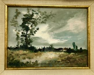 Lot 6091. $150.00. Martin Pribil (1927-1978). Original Oil on Canvas depicting a Man in a field, 19x16" framed; 12x9" image. Pribil was a vintage Chicago area artist - his signature is on the bottom left and we had a dickens of a time deciphering it. Here I thought pharmacists had it bad with signatures, lol.