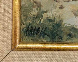 Lot 6091. $150.00. Martin Pribil (1927-1978). Original Oil on Canvas depicting a Man in a field, 19x16" framed; 12x9" image. Pribil was a vintage Chicago area artist - his signature is on the bottom left and we had a dickens of a time deciphering it. Here I thought pharmacists had it bad with signatures, lol.