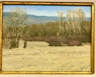 Lot 6092. $300.00. Tom Eversman Gold framed oil on Board; Pastoral Scene 22x19 framed and 12x9 image - the horizontal lines in the image are a reflection of the window blinds in the background.