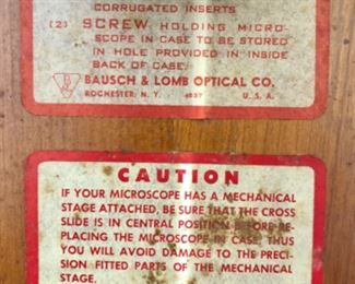Lot 6094. $150.00. Vintage Bausch & Lomb Optical Co, Rochester, NY Microscope, in hand-crafted wood carry box. XD8493, 16033-433 Microscope 13"t x 7"w x 8" deep