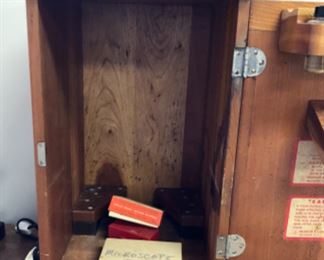 Lot 6094. $150.00. Vintage Bausch & Lomb Optical Co, Rochester, NY Microscope, in hand-crafted wood carry box. XD8493, 16033-433 Microscope 13"t x 7"w x 8" deep