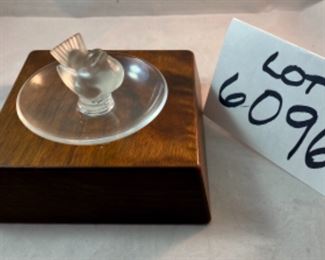 Lot 6096. $75.00. Lalique "Pinson" pin/ring dish with a frosted bird on a pedestal with a clear glass tray.