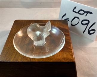 Lot 6096. $75.00. Lalique "Pinson" pin/ring dish with a frosted bird on a pedestal with a clear glass tray.