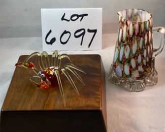 Lot 6097. $48.00. Millefiori pitcher with cool scalloped base (4.5"t x 3"d) and an art glass crab with a possible Murano glass body.