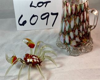 Lot 6097. $48.00. Millefiori pitcher with cool scalloped base (4.5"t x 3"d) and an art glass crab with a possible Murano glass body.