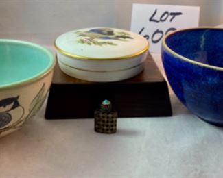 Lot 6099. $75.00 Ross Spangler Blue bowl (6"d x 3.25"t) signed by artist 1993, a cute chickadee pottery bowl (5"dia x 2.75"t), mini filigree perfume bottle Made in France with a turquoise top, Coalport Bone China British Birds "The Jay" covered dish (5"d x 1"t).