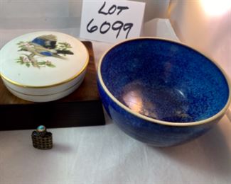 Lot 6099. $75.00 Ross Spangler Blue bowl (6"d x 3.25"t) signed by artist 1993, a cute chickadee pottery bowl (5"dia x 2.75"t), mini filigree perfume bottle Made in France with a turquoise top, Coalport Bone China British Birds "The Jay" covered dish (5"d x 1"t).