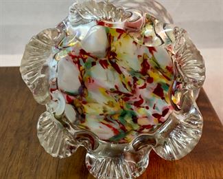 Lot 6097. $48.00. Millefiori pitcher with cool scalloped base (4.5"t x 3"d) and an art glass crab with a possible Murano glass body.