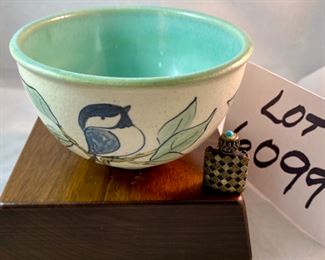 Lot 6099. $75.00 Ross Spangler Blue bowl (6"d x 3.25"t) signed by artist 1993, a cute chickadee pottery bowl (5"dia x 2.75"t), mini filigree perfume bottle Made in France with a turquoise top, Coalport Bone China British Birds "The Jay" covered dish (5"d x 1"t).