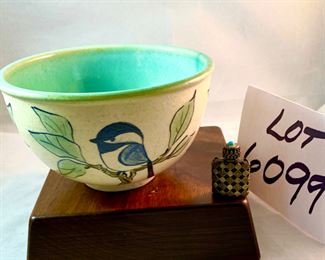 Lot 6099. $75.00 Ross Spangler Blue bowl (6"d x 3.25"t) signed by artist 1993, a cute chickadee pottery bowl (5"dia x 2.75"t), mini filigree perfume bottle Made in France with a turquoise top, Coalport Bone China British Birds "The Jay" covered dish (5"d x 1"t).