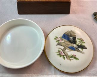 Lot 6099. $75.00 Ross Spangler Blue bowl (6"d x 3.25"t) signed by artist 1993, a cute chickadee pottery bowl (5"dia x 2.75"t), mini filigree perfume bottle Made in France with a turquoise top, Coalport Bone China British Birds "The Jay" covered dish (5"d x 1"t).