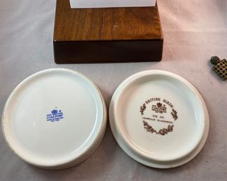 Lot 6099. $75.00 Ross Spangler Blue bowl (6"d x 3.25"t) signed by artist 1993, a cute chickadee pottery bowl (5"dia x 2.75"t), mini filigree perfume bottle Made in France with a turquoise top, Coalport Bone China British Birds "The Jay" covered dish (5"d x 1"t).