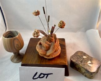 Lot 6102. $42.00. Stone Flowers in a bowl (6.5"tx3.25"dia), stone goblet (4"t x 2"dia), stone box w/mother of pearl inlay lid. (3"l x 2"w) Awesome lot!