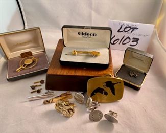 Lot 6103. $48.00 Lot of 11 pieces of nice men's jewelry:
Elk Tie stud sterling, Trout and Geese Brass belt buckle, Gideon Tie Clip & pin, Krementz gold filled men's jewelry, 3 pr of men's cuff links, 1 Krementz money clip. I Still think Krementz is one fine costume jewelry maker - most of their items are gold-filled, but very classy looking.
