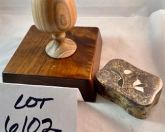 Lot 6102. $42.00. Stone Flowers in a bowl (6.5"tx3.25"dia), stone goblet (4"t x 2"dia), stone box w/mother of pearl inlay lid. (3"l x 2"w) Awesome lot!