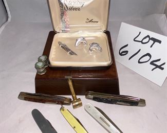 Lot 6104. $25.00. Anson sterling silver trout cuff links and fly rod tie clip. Great gift for your favorite fly! Also includes 5 vintage pocket knives (bakelite or mother of pearl), a mini spray can (that works!), and 2 tie pins?