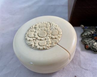 Lot 6105.$60.00. 6 sterling cocktail forks, 5 sterling demitasse-spoons, lipstick case w/mirror, filigree silver pendant w/lapis & coral stones, 2 thimbles, covered decorated lacquered and a "faux" ivory string box.